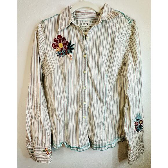 Tommy Hilfiger Striped Button Up Flower Embroidered Long Sleeve Size Medium - Picture 1 of 11